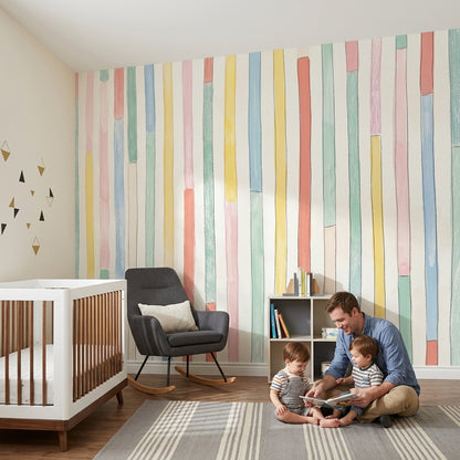 Renkli Dikey Çizgili Poster Duvar Kağıdı Bebek Odası Pastel