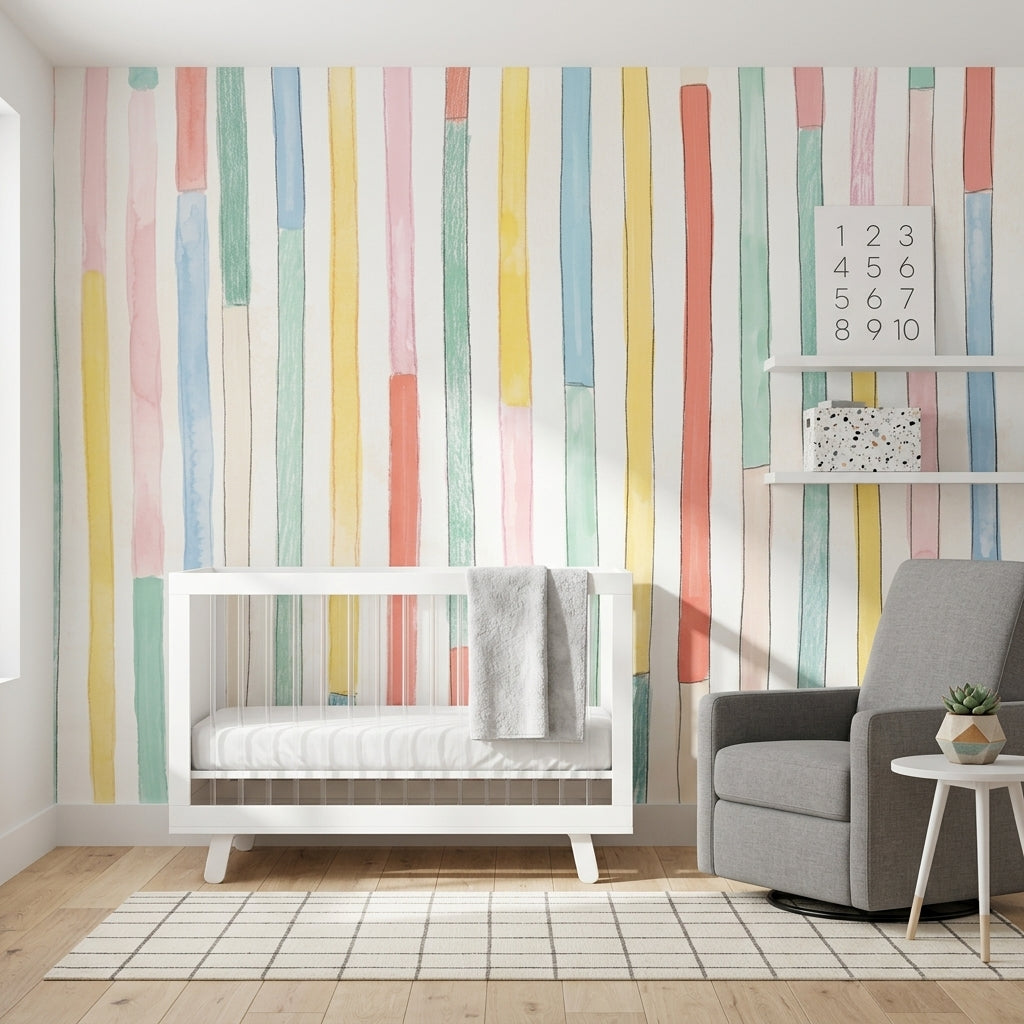 Renkli Dikey Çizgili Poster Duvar Kağıdı Bebek Odası Pastel