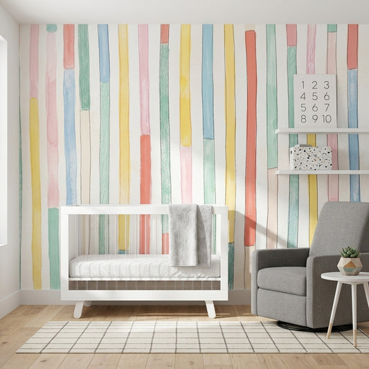 Renkli Dikey Çizgili Poster Duvar Kağıdı Bebek Odası Pastel