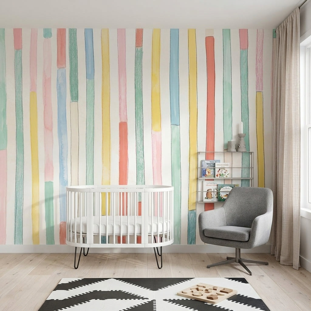 Renkli Dikey Çizgili Poster Duvar Kağıdı Bebek Odası Pastel