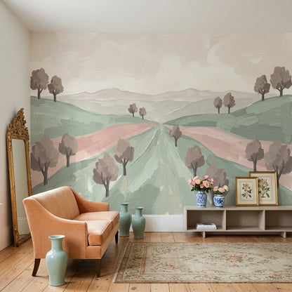 Pastel Kırsal Manzara Poster Duvar Kağıdı Yeşil Pembe Salon