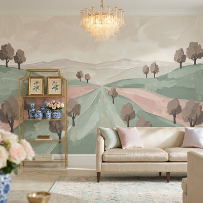 Pastel Kırsal Manzara Poster Duvar Kağıdı Yeşil Pembe Salon