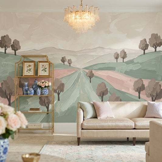 Pastel Kırsal Manzara Poster Duvar Kağıdı Yeşil Pembe Salon