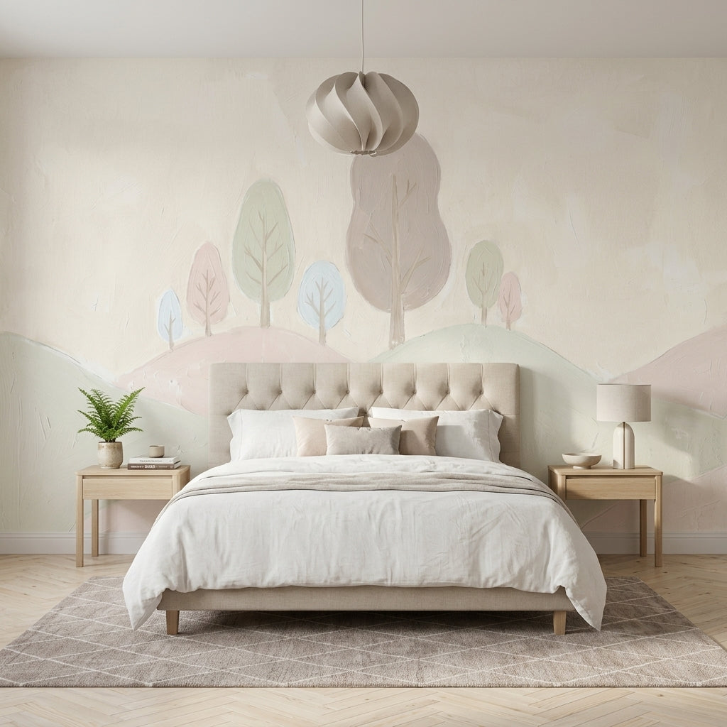Pastel Orman Manzaralı Poster Duvar Kağıdı Açık Renk Yatak Odası