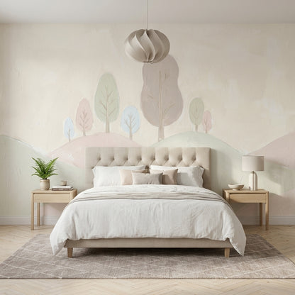 Pastel Orman Manzaralı Poster Duvar Kağıdı Açık Renk Yatak Odası