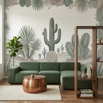 Kaktüs ve Çöl Manzaralı Poster Duvar Kağıdı Yeşil Bej