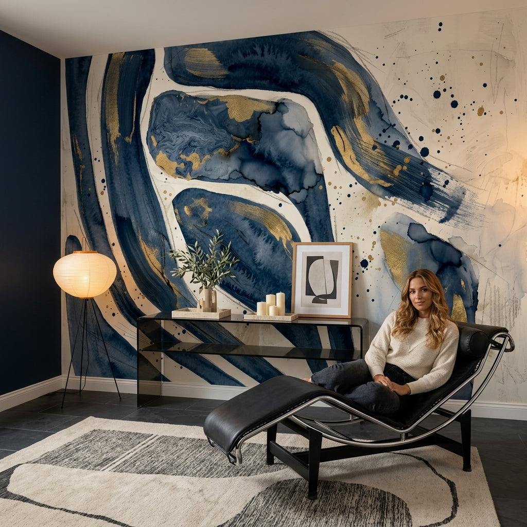 Lacivert Altın Soyut Poster Duvar Kağıdı Modern Salon
