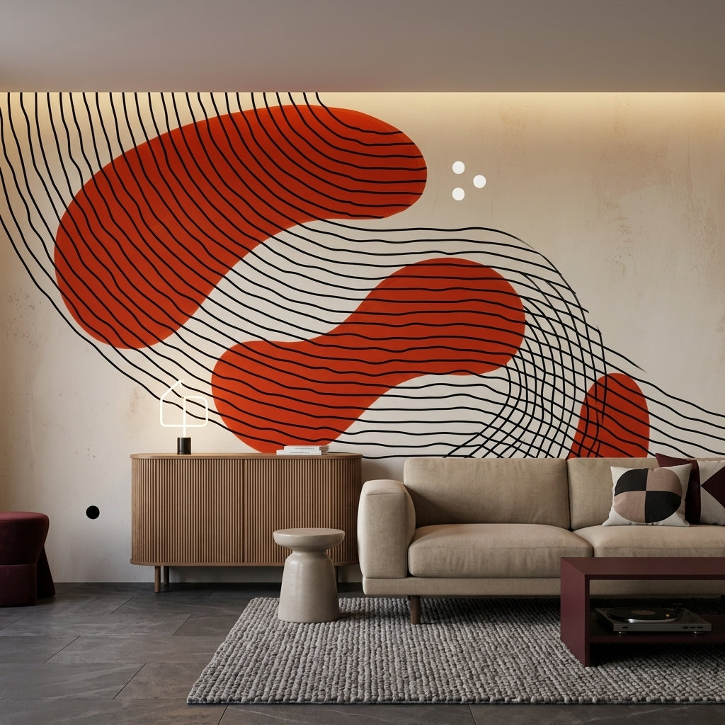 Soyut Dalga Çizgili Poster Duvar Kağıdı Kiremit Kırmızısı Salon