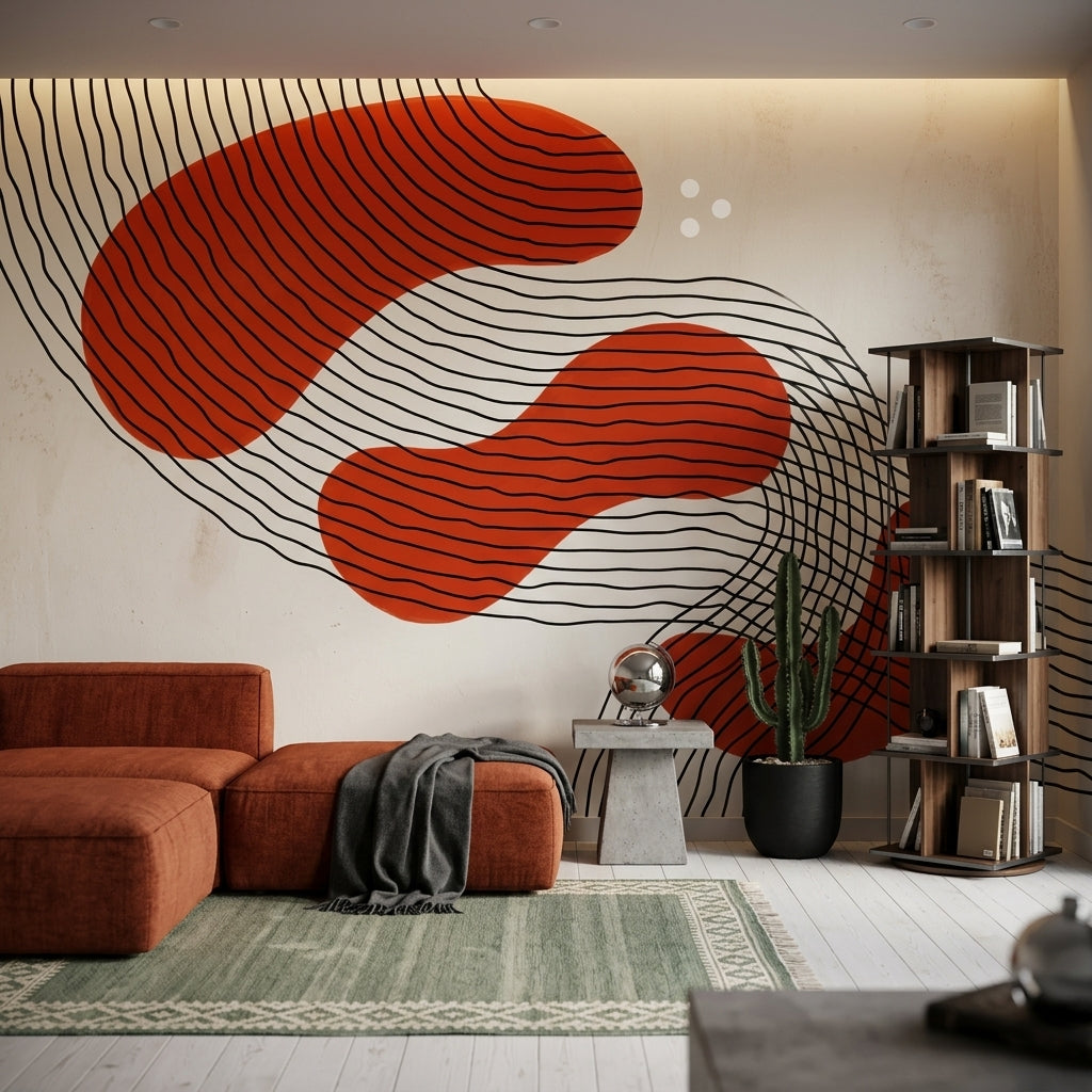 Soyut Dalga Çizgili Poster Duvar Kağıdı Kiremit Kırmızısı Salon