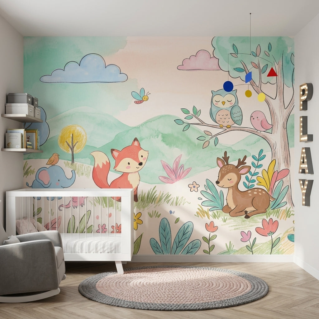 Sevimli Orman Hayvanları Poster Duvar Kağıdı Pastel Çocuk Odası