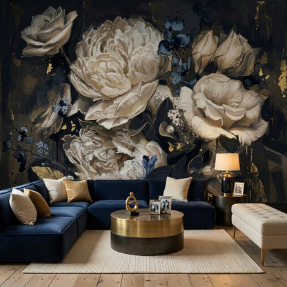 Koyu Zeminde Büyük Çiçekli Poster Duvar Kağıdı Salon