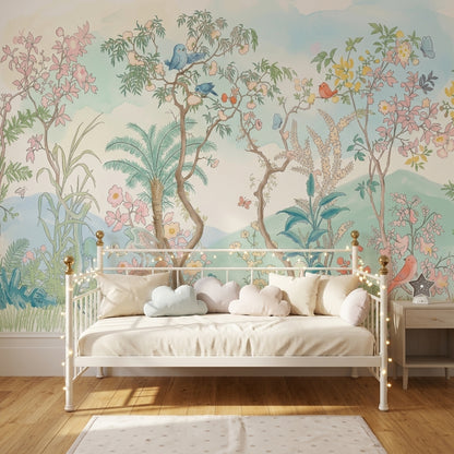 Pastel Bahçe Kuşlu Poster Duvar Kağıdı Çocuk Odası