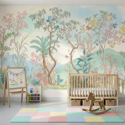 Pastel Bahçe Kuşlu Poster Duvar Kağıdı Çocuk Odası