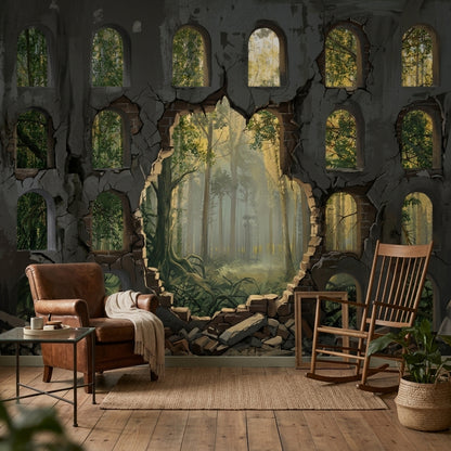 Yıkık Duvar Pencereli Orman Manzarası Poster Duvar Kağıdı Salon
