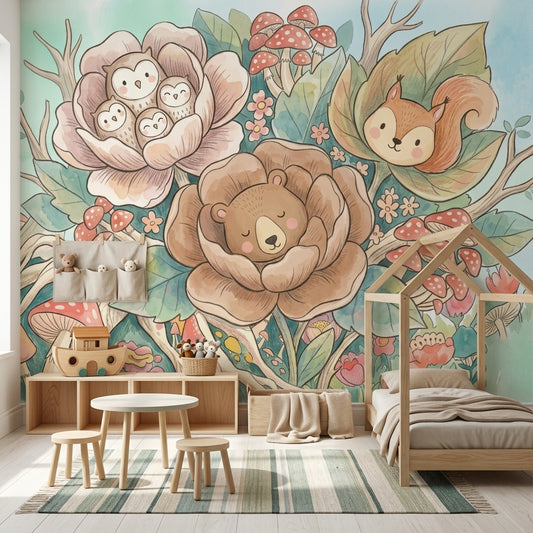 Orman Hayvanlı Poster Duvar Kağıdı Pastel Çocuk Odası