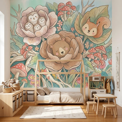 Orman Hayvanlı Poster Duvar Kağıdı Pastel Çocuk Odası