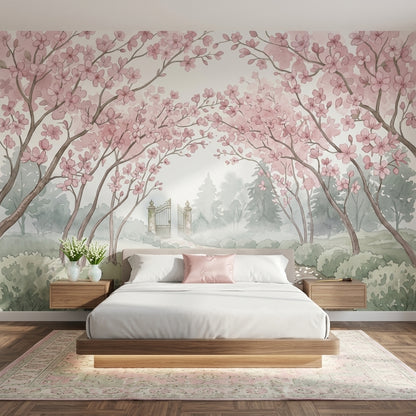 Sakura Çiçekli Poster Duvar Kağıdı Pudra Pembe Yatak Odası