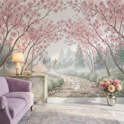 Sakura Çiçekli Poster Duvar Kağıdı Pudra Pembe Yatak Odası