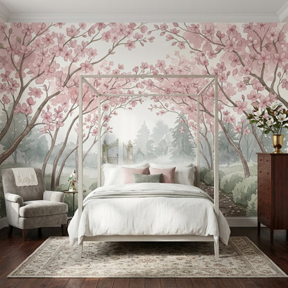 Sakura Çiçekli Poster Duvar Kağıdı Pudra Pembe Yatak Odası