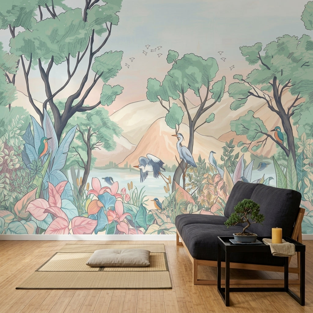 Pastel Orman ve Kuşlar Poster Duvar Kağıdı Salon