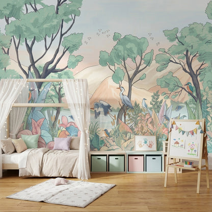 Pastel Orman ve Kuşlar Poster Duvar Kağıdı Salon