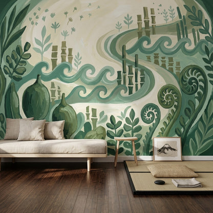 Botanik Dalga Desenli Poster Duvar Kağıdı Yeşil Salon