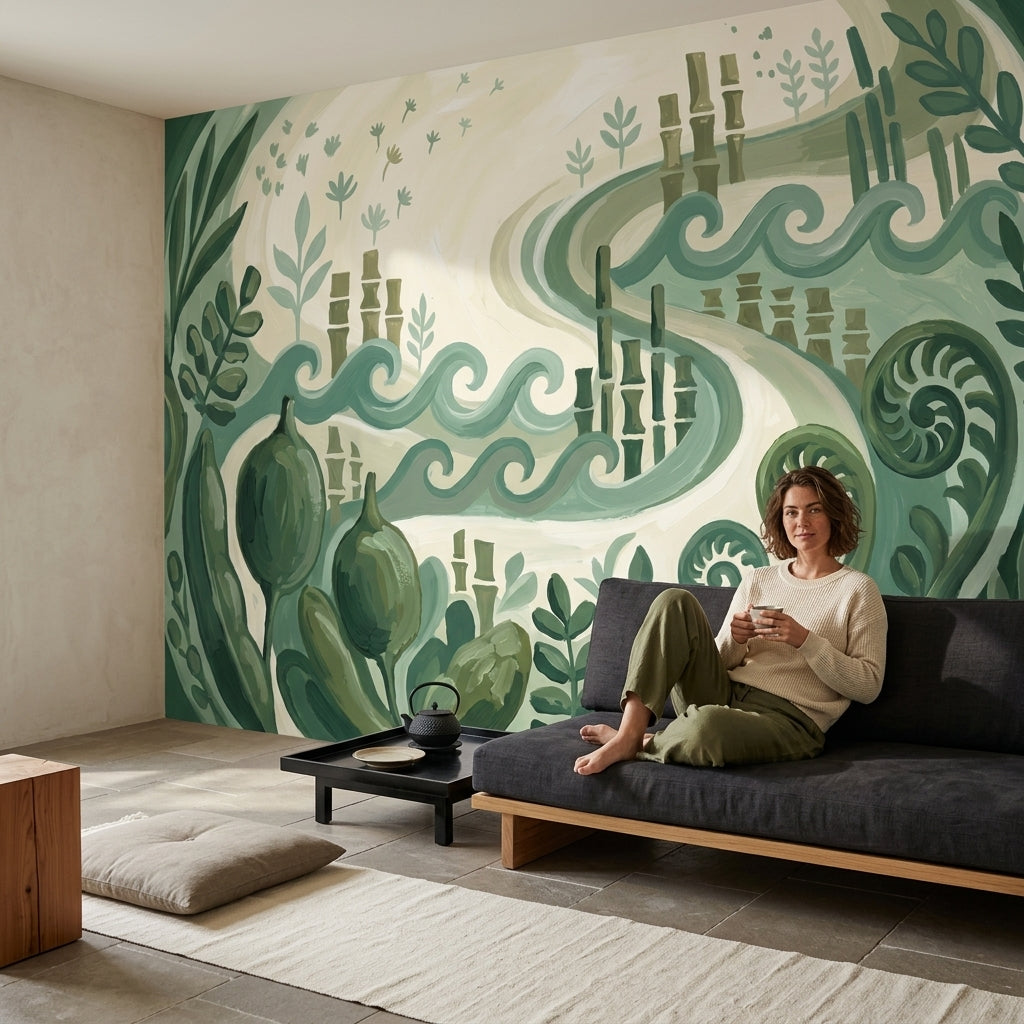 Botanik Dalga Desenli Poster Duvar Kağıdı Yeşil Salon