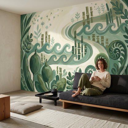 Botanik Dalga Desenli Poster Duvar Kağıdı Yeşil Salon