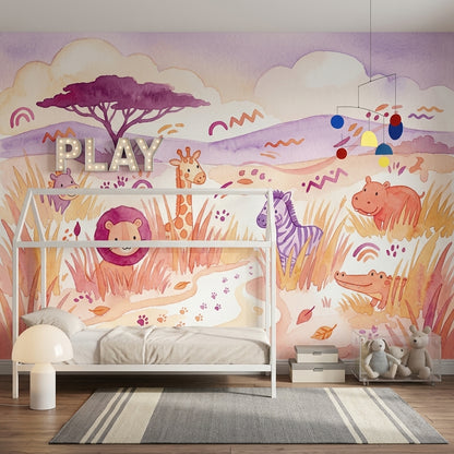 Safari Hayvanlı Poster Duvar Kağıdı Pastel Çocuk Odası