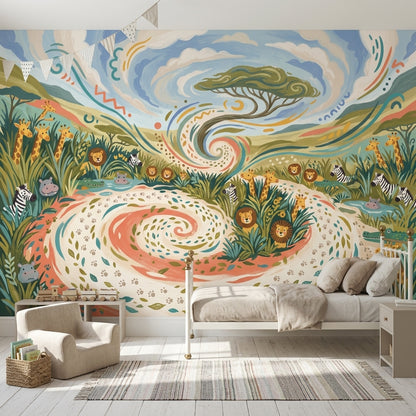 Safari Hayvanlı Poster Duvar Kağıdı Pastel Çocuk Odası Duvarı