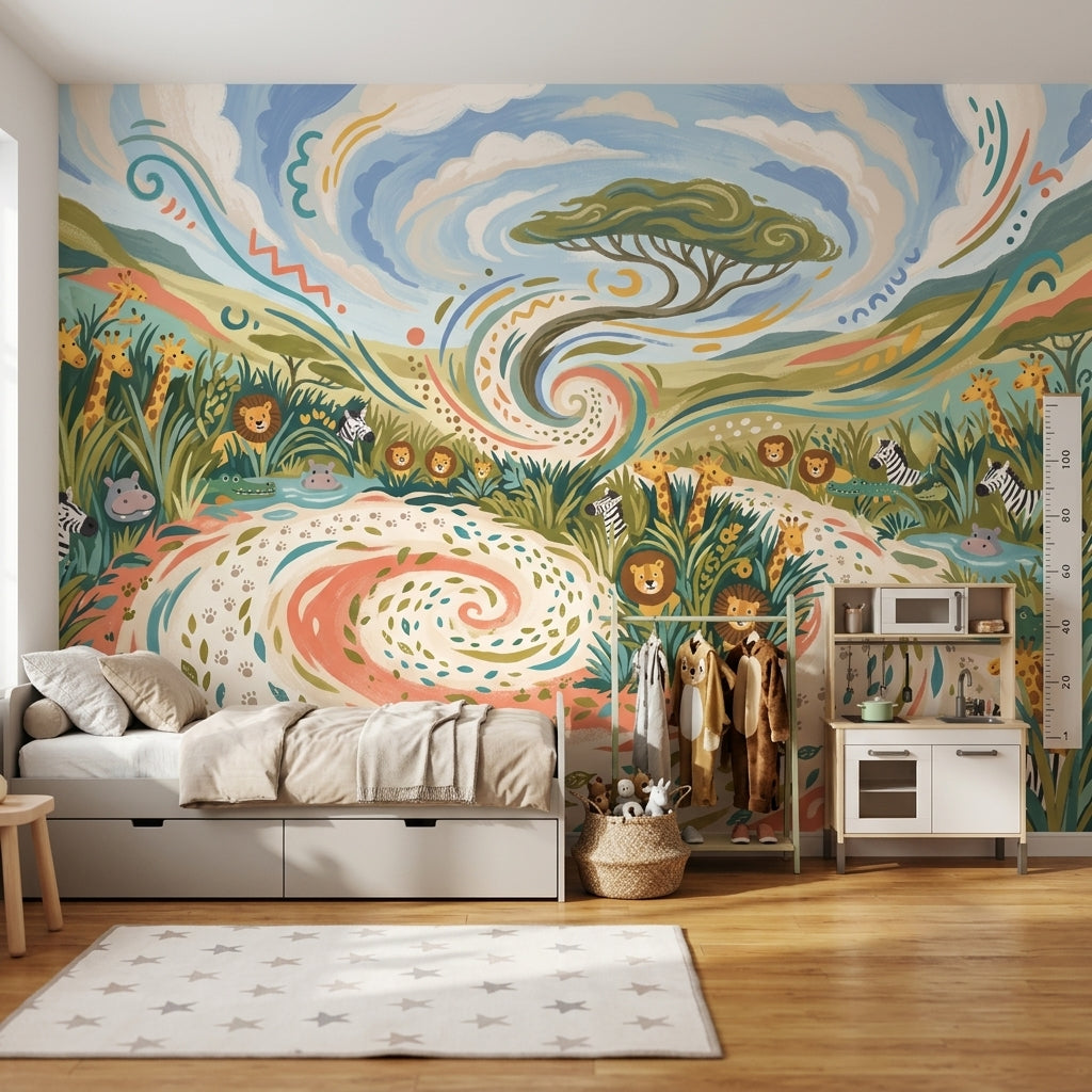 Safari Hayvanlı Poster Duvar Kağıdı Pastel Çocuk Odası Duvarı