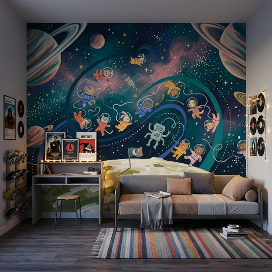 Uzay Astronotlu Poster Duvar Kağıdı Lacivert Yıldızlı Çocuk Odası