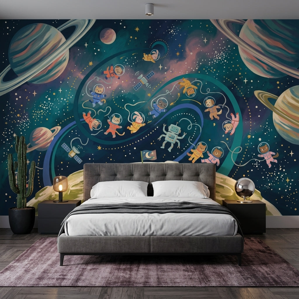 Uzay Astronotlu Poster Duvar Kağıdı Lacivert Yıldızlı Çocuk Odası