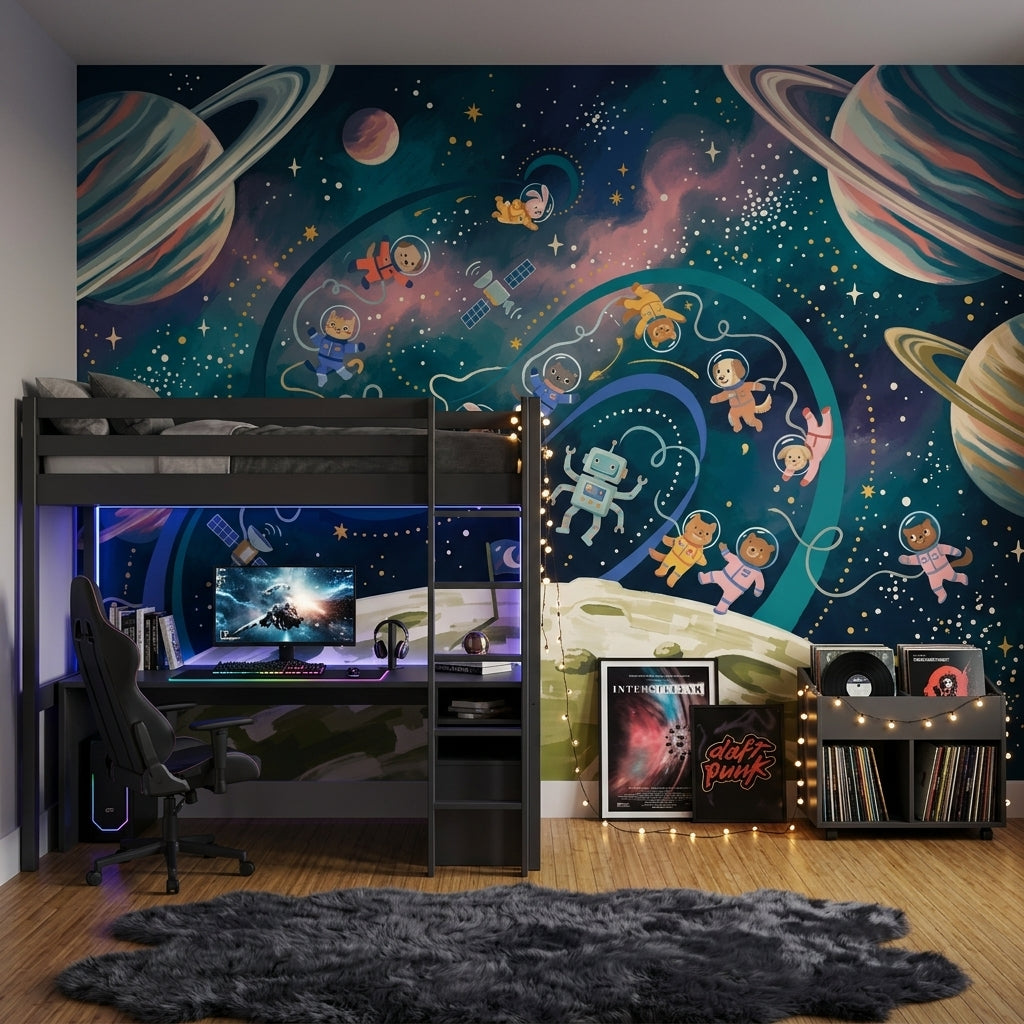 Uzay Astronotlu Poster Duvar Kağıdı Lacivert Yıldızlı Çocuk Odası