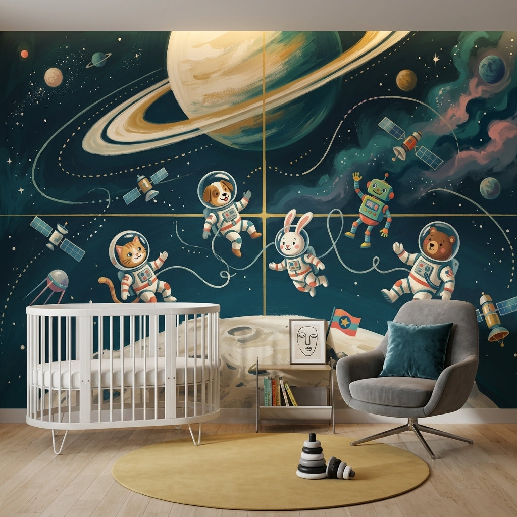 Astronot Hayvanlı Poster Duvar Kağıdı Lacivert Uzay Çocuk Odası