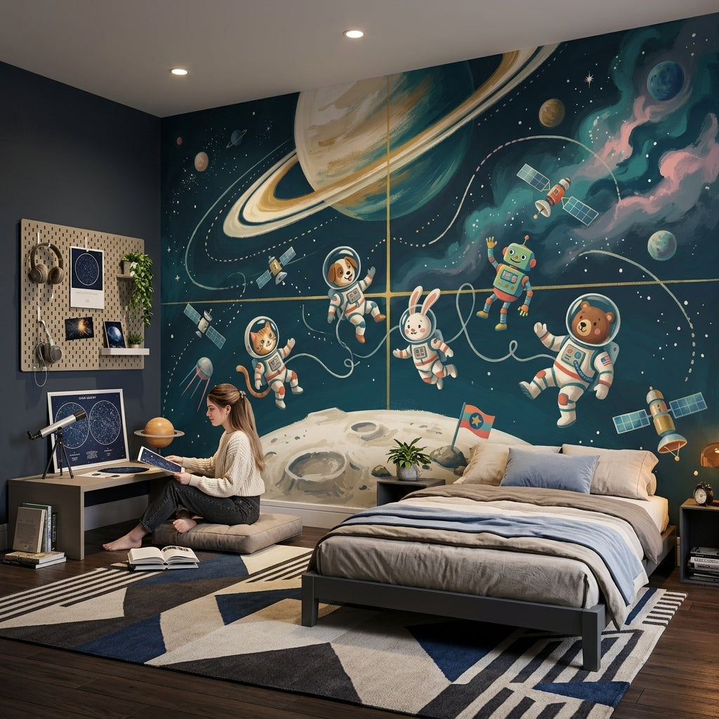 Astronot Hayvanlı Poster Duvar Kağıdı Lacivert Uzay Çocuk Odası