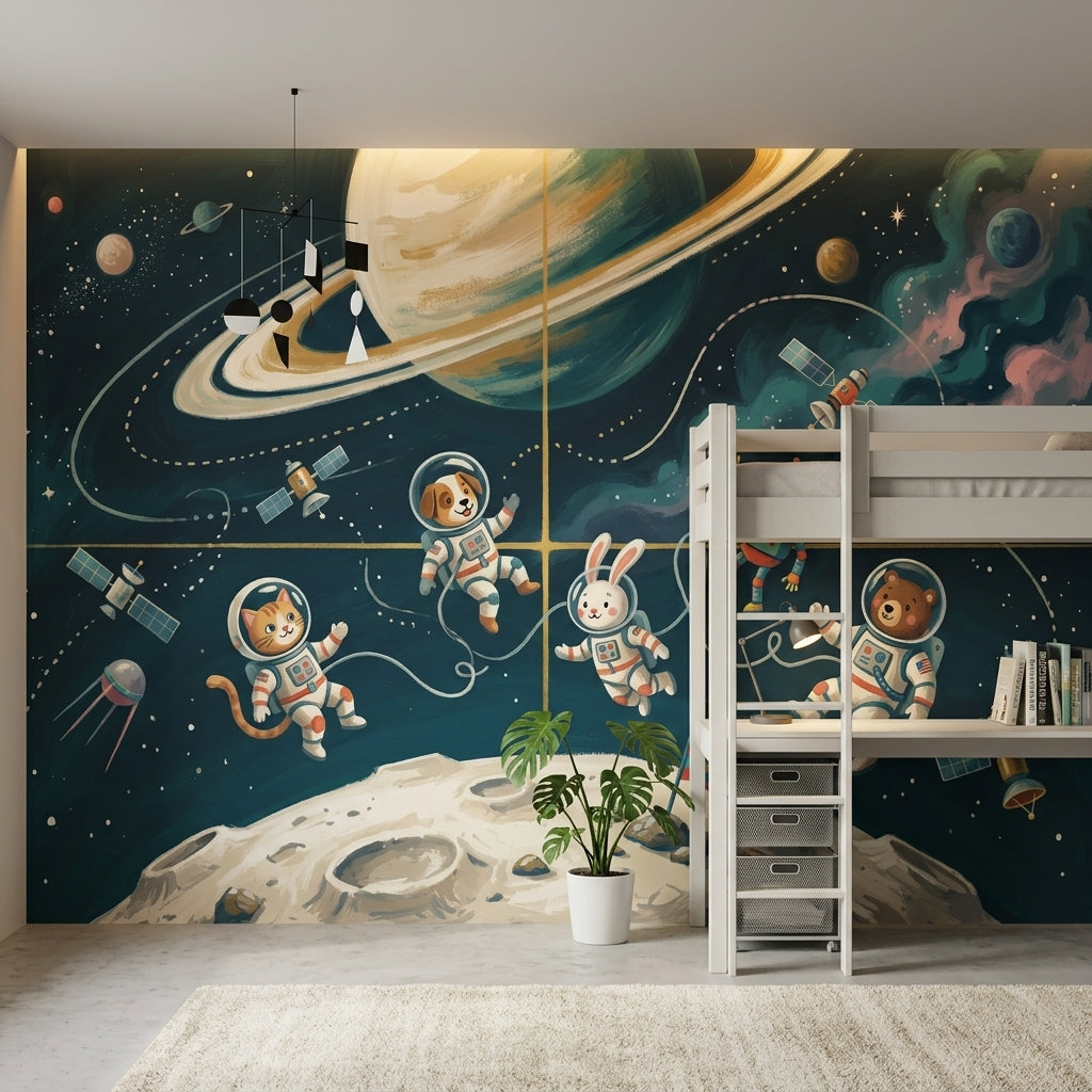Astronot Hayvanlı Poster Duvar Kağıdı Lacivert Uzay Çocuk Odası