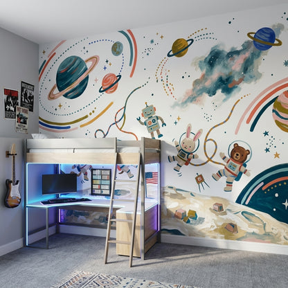 Astronotlu Uzay Poster Duvar Kağıdı Çocuk Odası Renkli