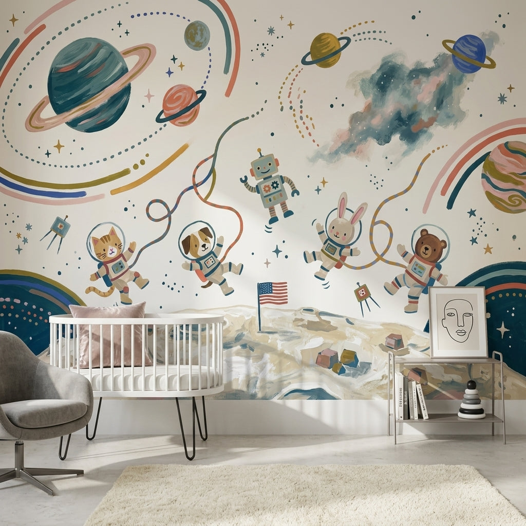 Astronotlu Uzay Poster Duvar Kağıdı Çocuk Odası Renkli