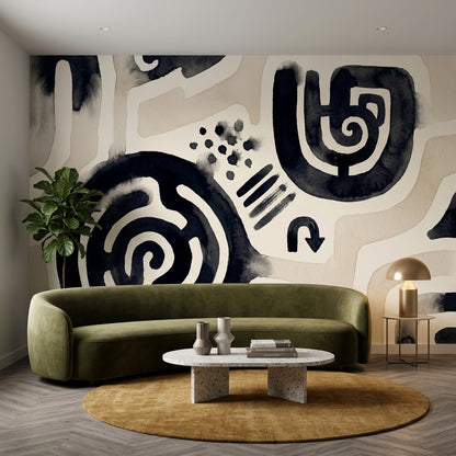 Siyah Bej Soyut Desenli Poster Duvar Kağıdı Modern Salon