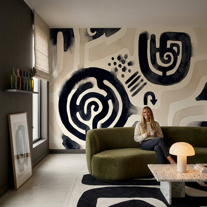 Siyah Bej Soyut Desenli Poster Duvar Kağıdı Modern Salon