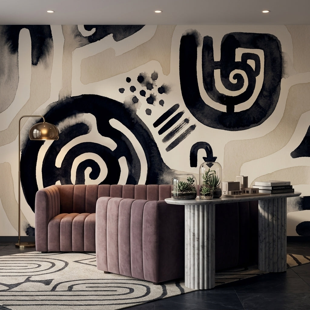 Siyah Bej Soyut Desenli Poster Duvar Kağıdı Modern Salon