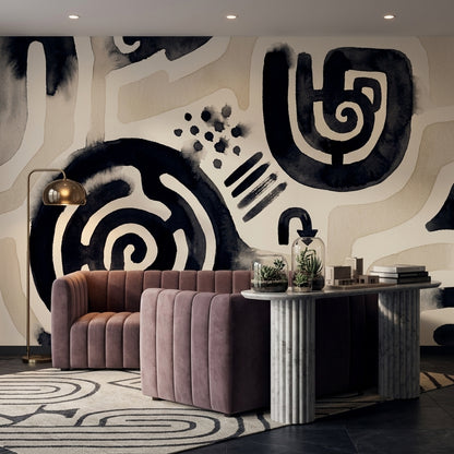 Siyah Bej Soyut Desenli Poster Duvar Kağıdı Modern Salon