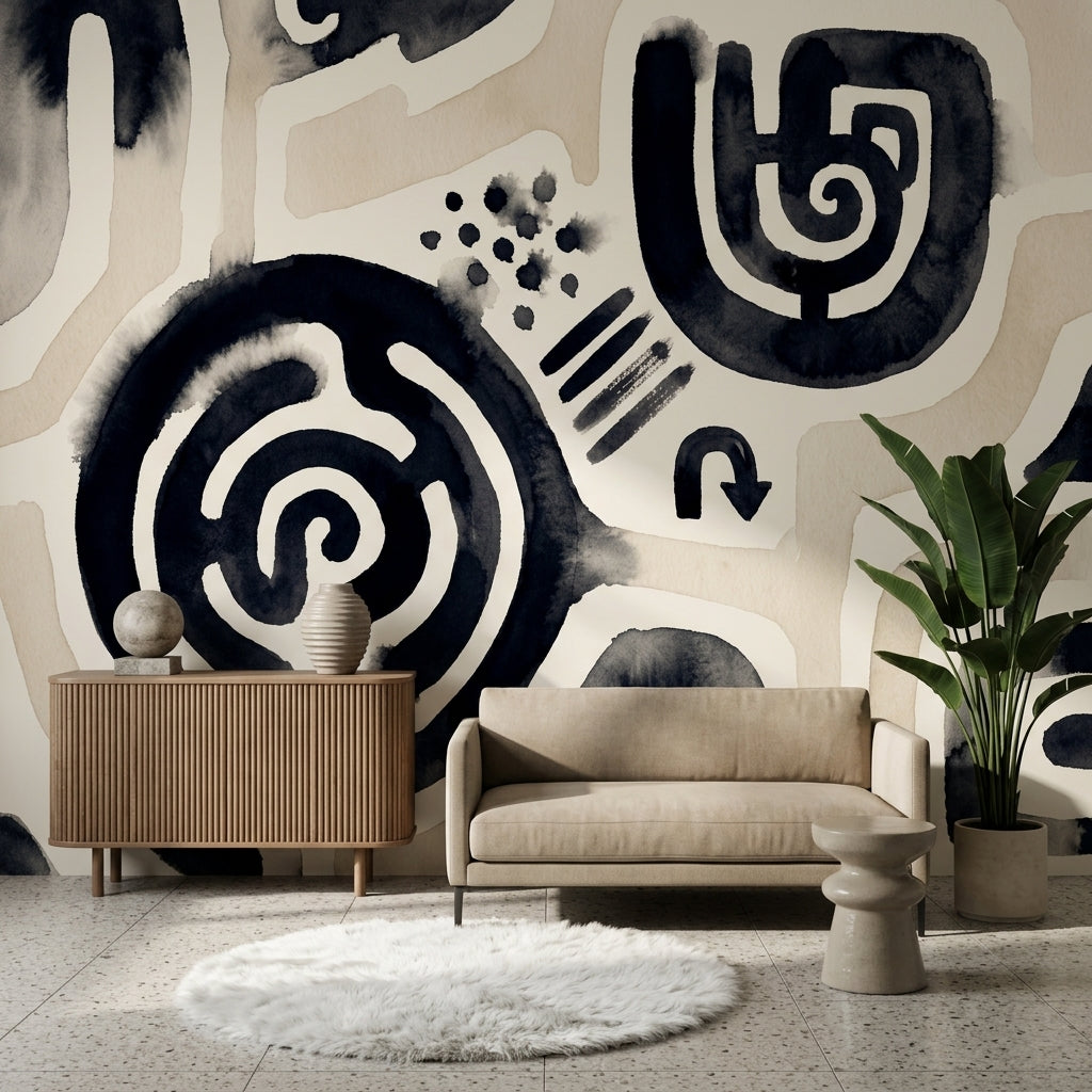Siyah Bej Soyut Desenli Poster Duvar Kağıdı Modern Salon