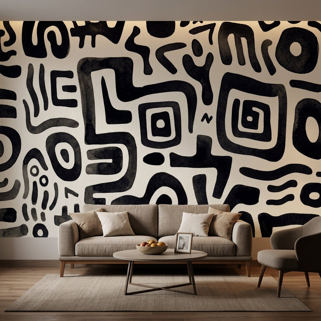 Siyah Beyaz Soyut Desenli Poster Duvar Kağıdı Modern Salon