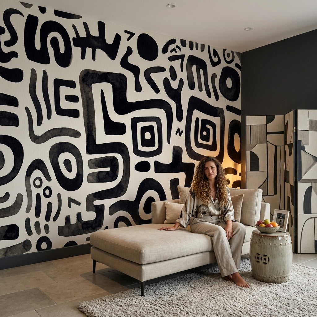 Siyah Beyaz Soyut Desenli Poster Duvar Kağıdı Modern Salon