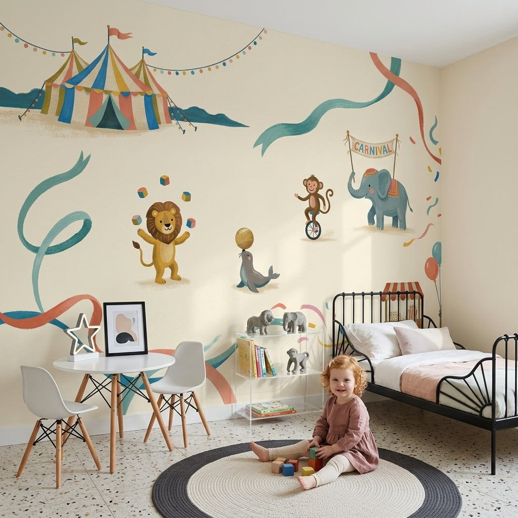 Sirk ve Hayvanlı Poster Duvar Kağıdı Bebek Odası Pastel