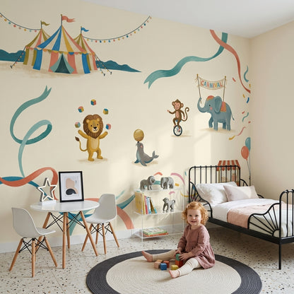 Sirk ve Hayvanlı Poster Duvar Kağıdı Bebek Odası Pastel