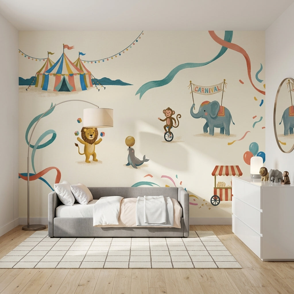 Sirk ve Hayvanlı Poster Duvar Kağıdı Bebek Odası Pastel