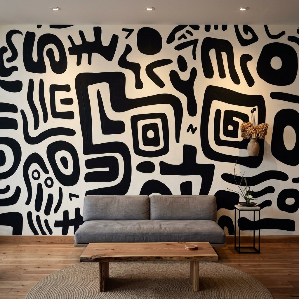 Siyah Beyaz Soyut Desenli Poster Duvar Kağıdı Modern Salon
